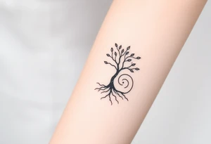 A tree with few leaves, with an outward spiral line (moving to the right), as its roots, encircling the entire tree tattoo idea