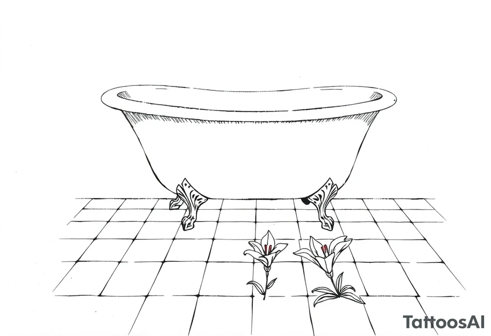 Clawfoot bathtub on tile floor with lily coming up from floor tattoo idea