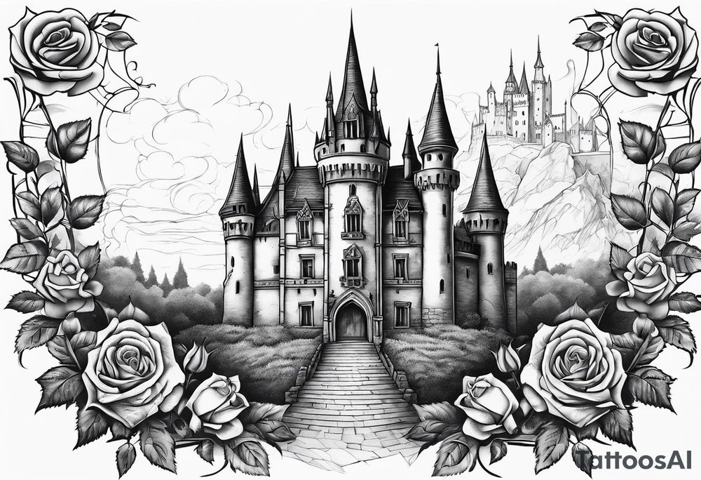 old broken gothic castle, broken sword, roses tattoo idea