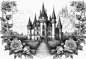 old broken gothic castle, broken sword, roses tattoo idea