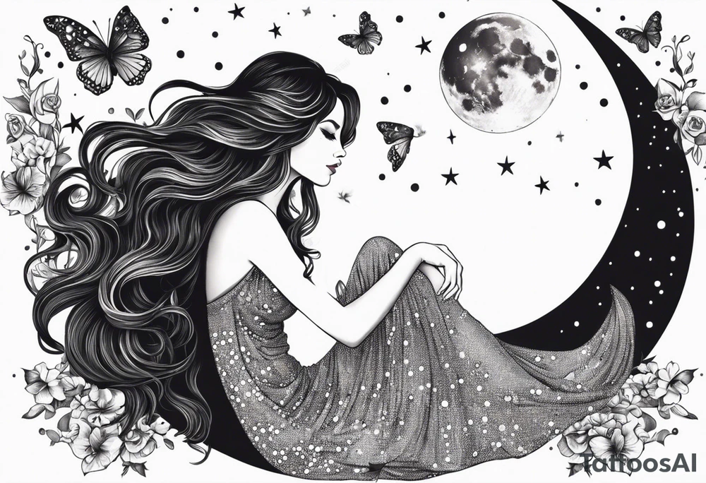 Beautiful woman with butterflies in her long wavy hair sitting on a half moon, with a moon and star background tattoo idea