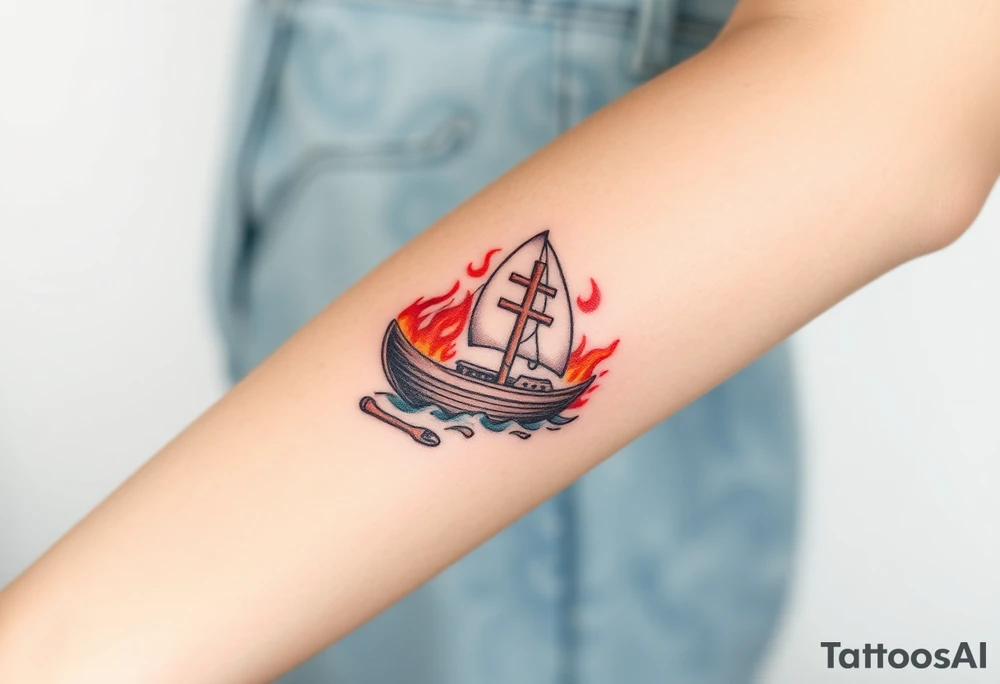 Boat on fire with cross as mast tattoo idea