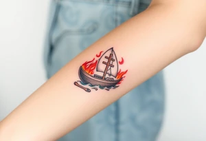 Boat on fire with cross as mast tattoo idea