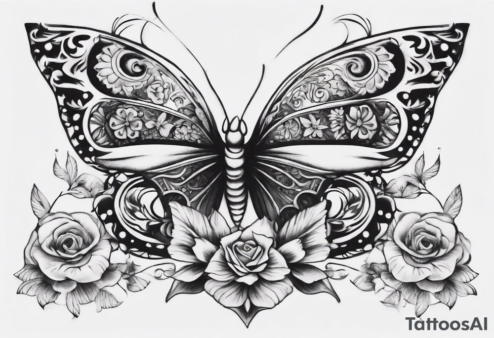 Butterfly wrap tattoos with large centre piece with moon and floral theme and heart. Bracelet around ankle show on higher ankle tattoo idea