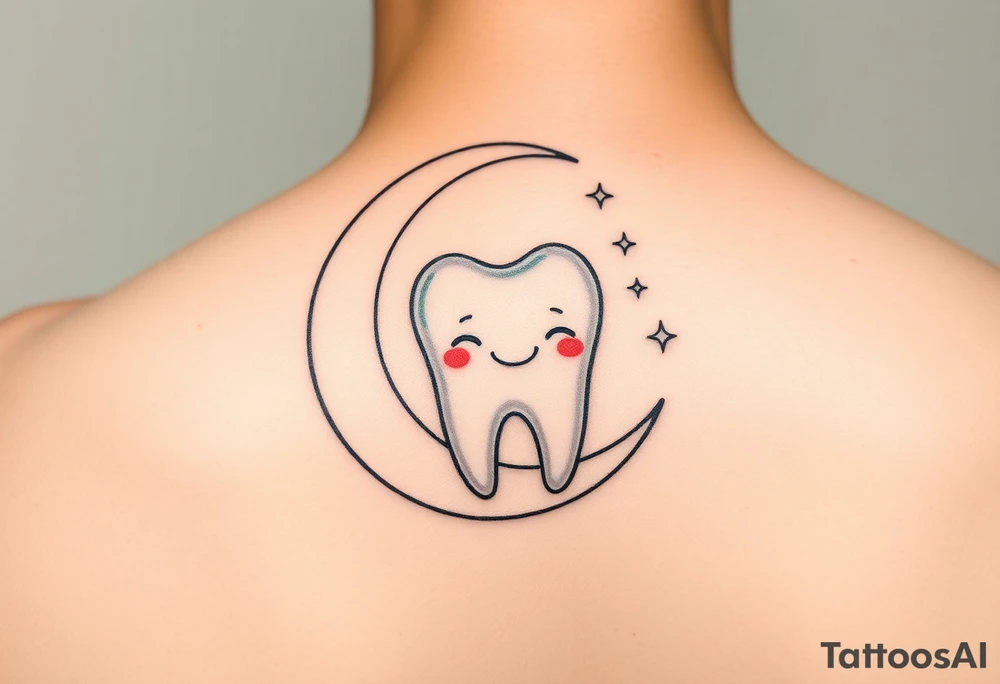 “A cute cartoon-style molar tooth sitting and gently hanging from a crescent moon, surrounded by small sparkling stars. The tooth has a sweet, happy expression (like blushing cheeks and a tiny smile), and the design is minimalistic, clean, and suitable for a small tattoo. Soft pastel colors with smooth shading, delicate outlines, and a dreamy, celestial vibe.” make it short behind the ears tattoo idea