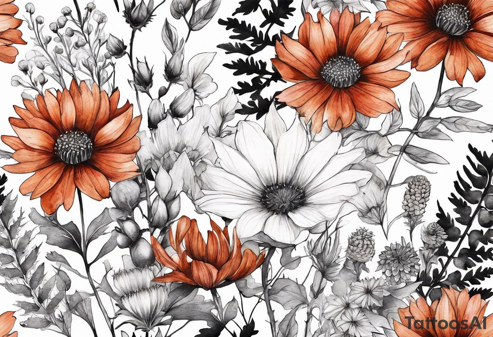 wildflowers with thistles, ferns, white flowers, cream flowers, pink flowers, burnt orange flowers, red flowers and all in watercolor tattoo idea