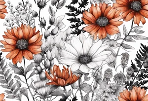 wildflowers with thistles, ferns, white flowers, cream flowers, pink flowers, burnt orange flowers, red flowers and all in watercolor tattoo idea