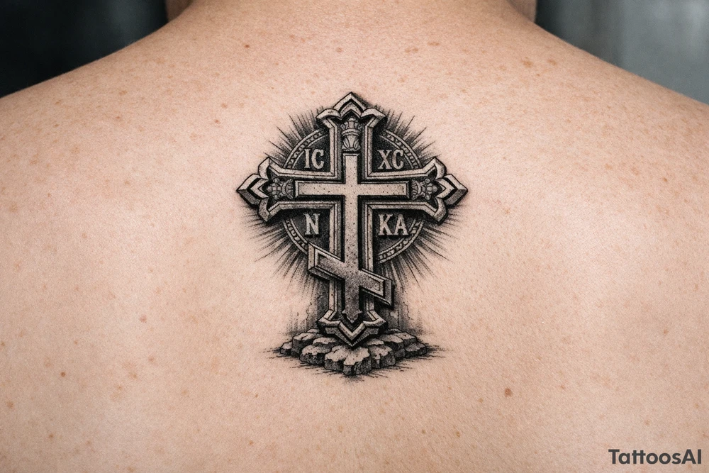 powerful serbian orthodox cross for ribs that later on can have children names incoportated later on, 15-25cm in height and with intricate details
 and black and grey fine detail tattoo idea