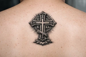 powerful serbian orthodox cross for ribs that later on can have children names incoportated later on, 15-25cm in height and with intricate details
 and black and grey fine detail tattoo idea