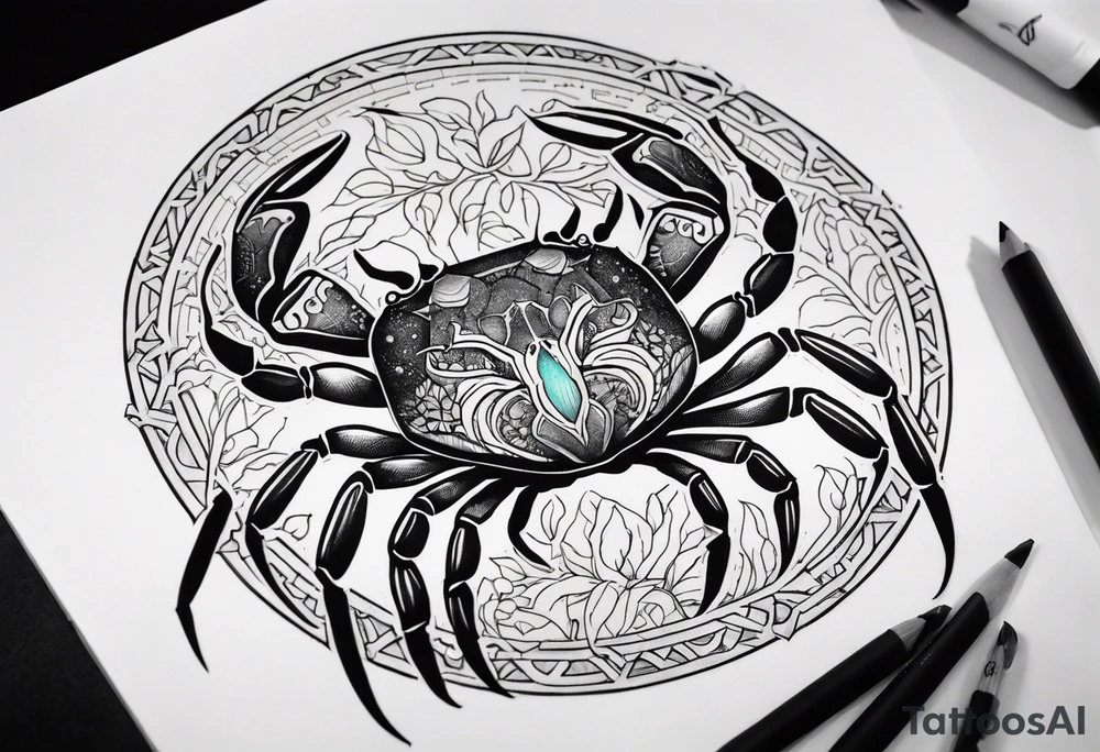 Zodiac crab inside life tree tattoo idea