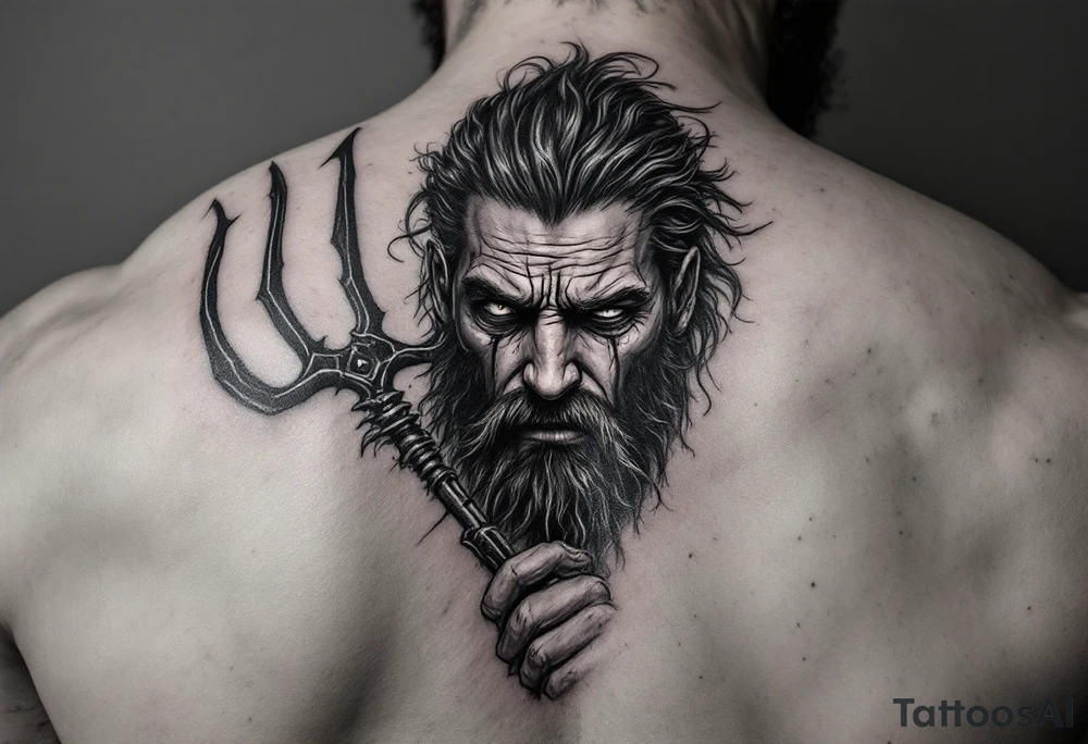 crying poseidon, behind a trident, looking at his nose tattoo idea