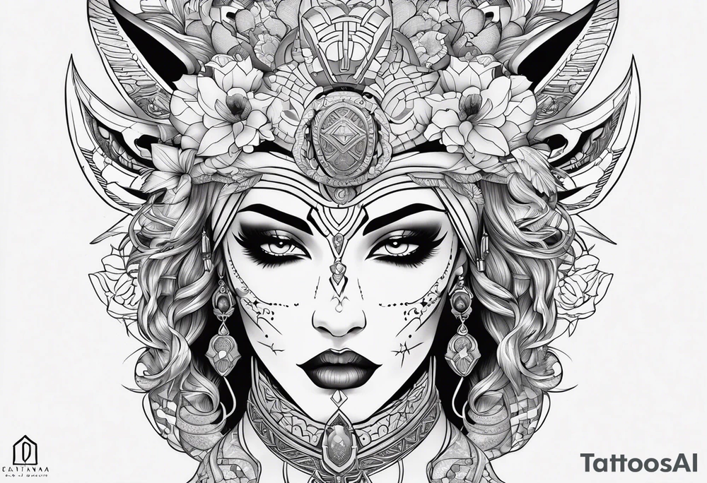kali ma, alien goddess, valkrye, aries, pirate, divine feminine, zenza resonance, pachamama, lotus azul, blank panther, eagle, skull, 5D, nueva gaya, dna 12, left side chest tatoo tattoo idea
