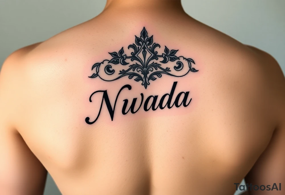 a woman's waist with the word "Nwada" written on her waist make her sit on the bed tattoo idea