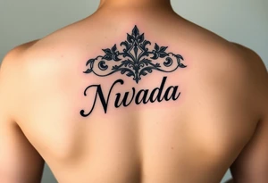 a woman's waist with the word "Nwada" written on her waist make her sit on the bed tattoo idea