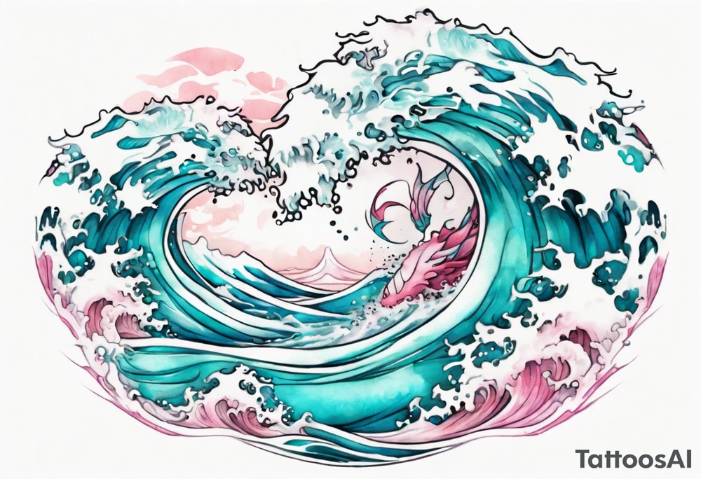 a beautiful turquoise pink and white sea  Drakaina rising from the waves of the ocean tattoo idea