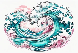 a beautiful turquoise pink and white sea  Drakaina rising from the waves of the ocean tattoo idea