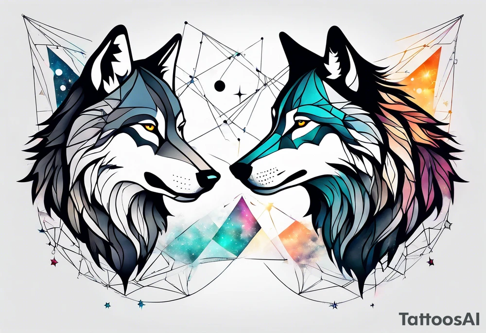 Constellation, two animal wolf, géométric tattoo idea