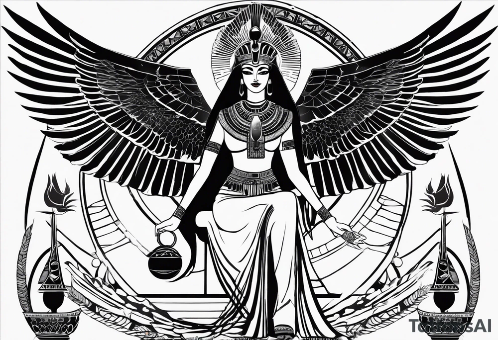 black and white Egyptian goddess Isis, who is often depicted as a woman with outstretched wings, holding an ankh (a symbol of life) in one hand and a lotus flower in the other. Her headdress often includes a throne or a solar disk. The tattoo design can vary in style and size, but it typically aims to capture the essence of this revered Egyptian deity, emphasizing her beauty, power, and maternal qualities. The choice of colors and additional elements can also be customized to create a unique and visually striking representation of the goddess Isis tattoo idea