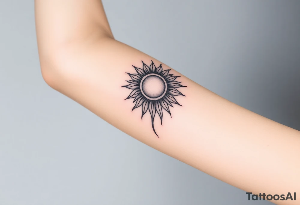 Shining Mystical sun with long  leaning sunflower sun tattoo idea