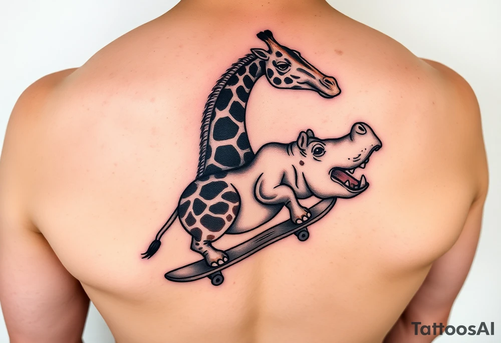 Majestic giraffe riding a skateboard and eating a hippo sandwich tattoo idea