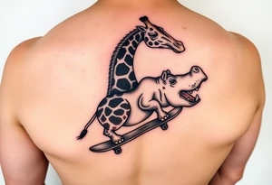 Majestic giraffe riding a skateboard and eating a hippo sandwich tattoo idea