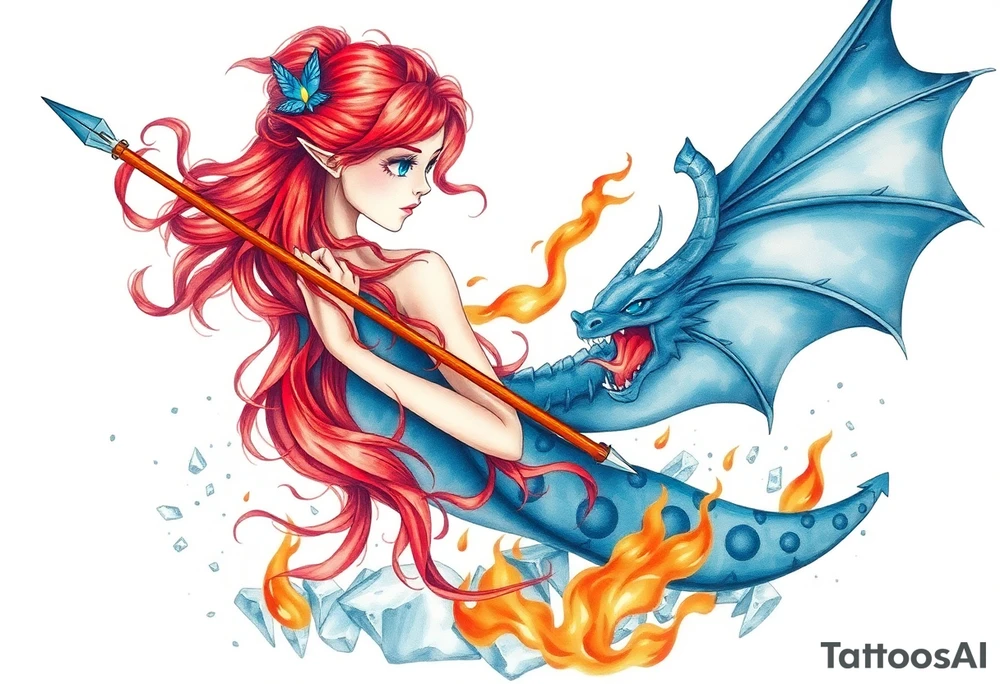 Redheaded girl with a spear through a blue dragon who is breathing fire with wings spread and flying over ice and flames tattoo idea