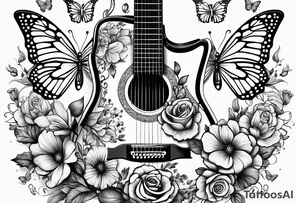 Guitar with flowers growing off the side, butterflies, small tattoo idea