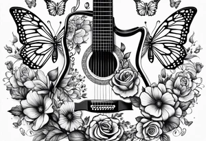 Guitar with flowers growing off the side, butterflies, small tattoo idea