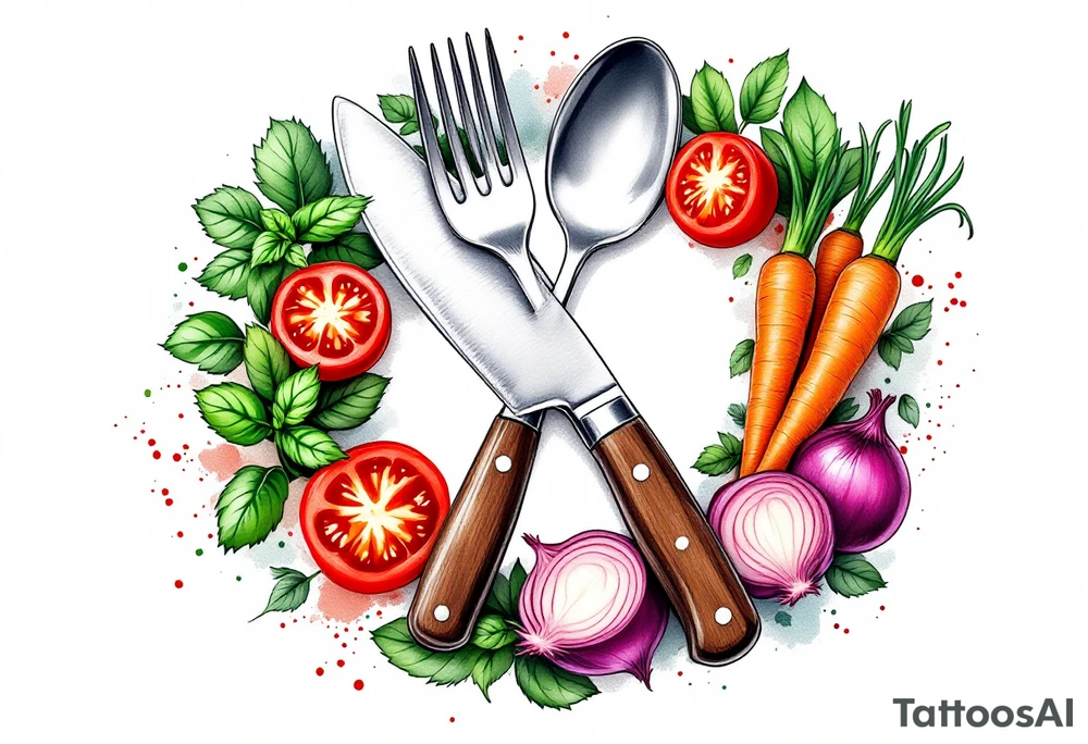 A realistic kitchen tattoo design showing a large silver kitchen knife with a dark brown wooden handle crossed over a shiny silver fork and spoon, all placed diagonally, surrounded by whole and sliced vegetables including bright red round tomatoes, leafy green basil, long orange carrots with green tops, and round purple onions with visible rings, all arranged in a circular wreath shape with a soft white background and subtle watercolor splashes of green, red, and orange for depth. tattoo idea