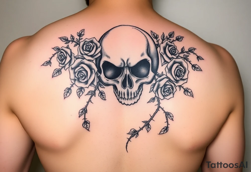 gothic skull intertwined with climbing roses and thorny vines tattoo idea