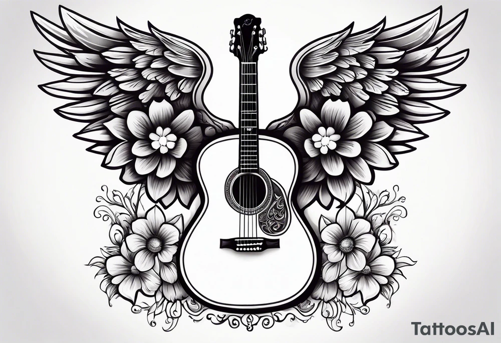 guitar with wings and flowers simple design traditional vintage tattoo idea