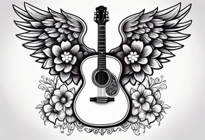 guitar with wings and flowers simple design traditional vintage tattoo idea