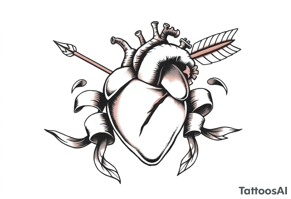 anatomical heart pierced by ornate arrow with flowing ribbons tattoo idea
