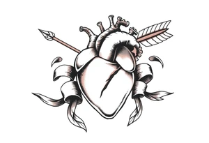 anatomical heart pierced by ornate arrow with flowing ribbons tattoo idea