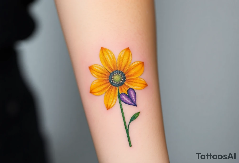 Yellow daisy flower with Purple Hearts tattoo idea