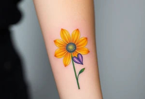 Yellow daisy flower with Purple Hearts tattoo idea