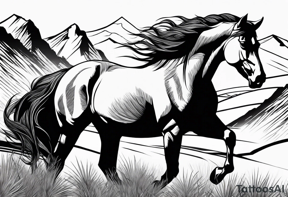 Wild horse, mountain background, feather tattoo idea
