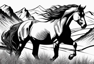Wild horse, mountain background, feather tattoo idea