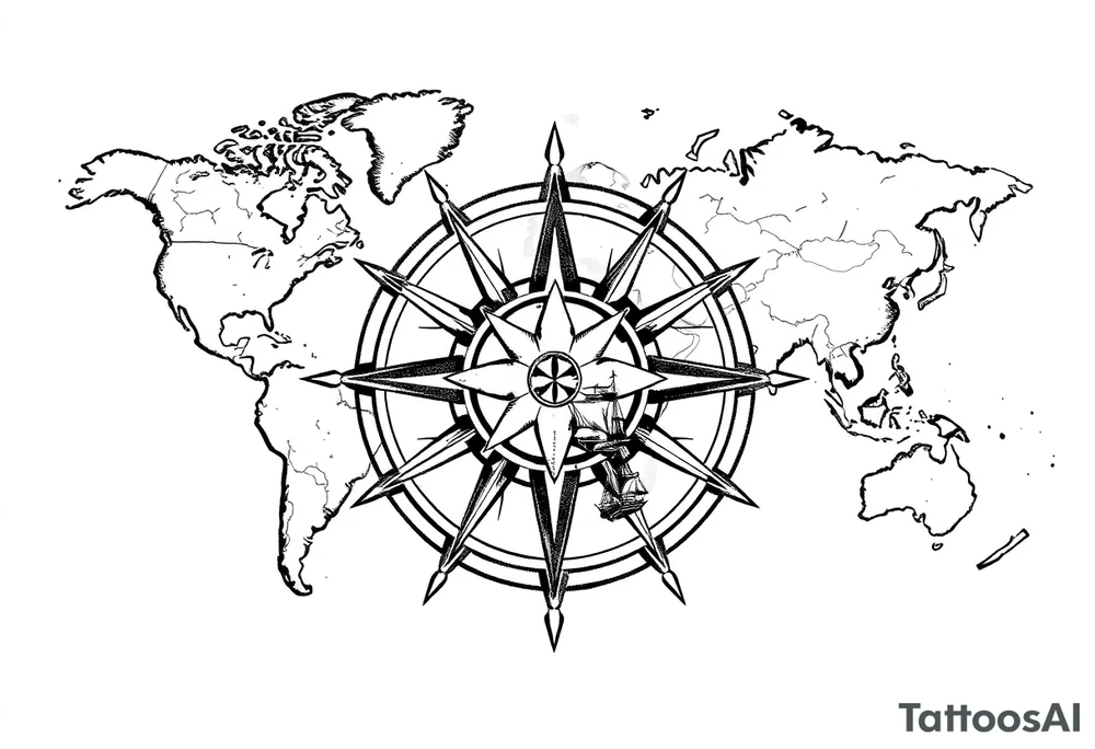 antique compass rose overlaid on weathered world map with sailing ships tattoo idea