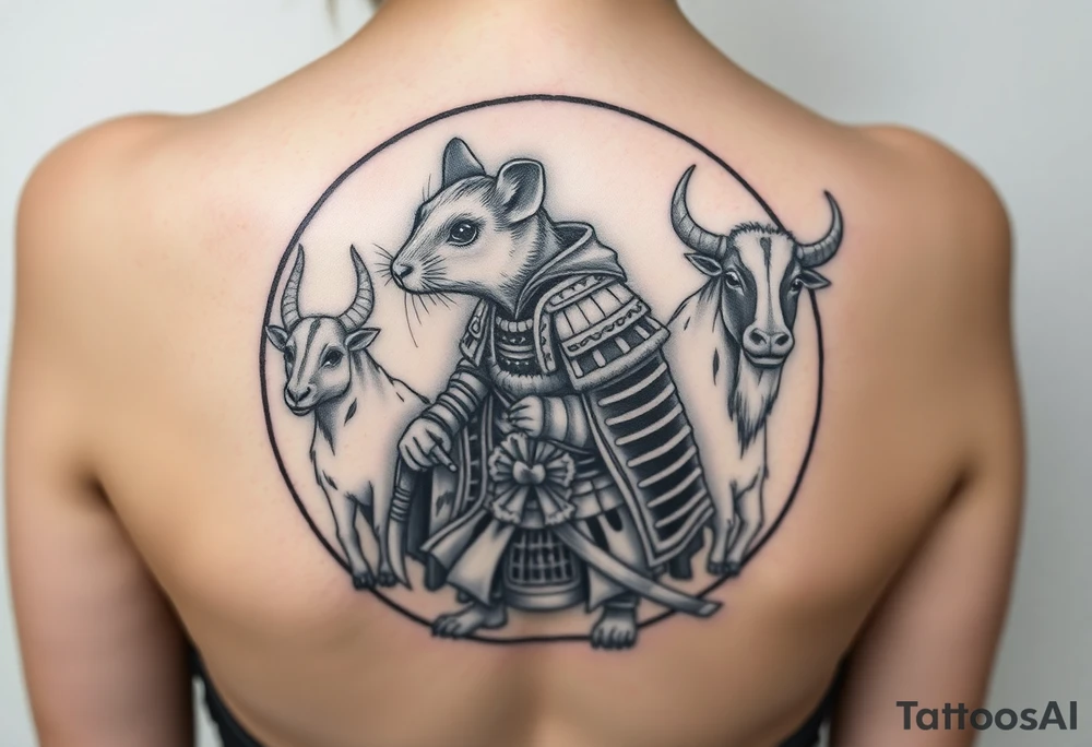 Japanese style tattoo with rat dressed as a Japanese samurai warrior. Surrounding the rat is a goat, dog, and ox all dressed up sumurai style. Whole tattoo fits within a round shape without circular border tattoo idea
