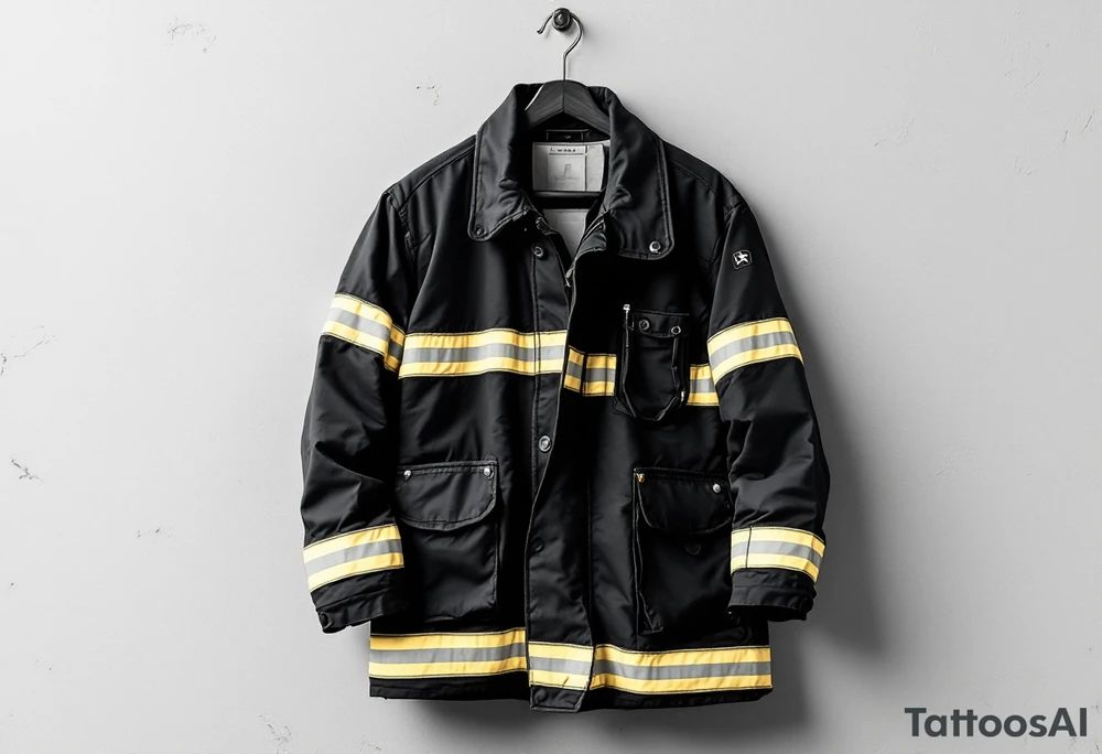 A firefighter’s turnout gear hanging on a wall, with realistic fabric textures in dark navy, contrasted by bright reflective stripes. tattoo idea