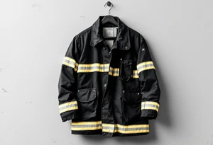 A firefighter’s turnout gear hanging on a wall, with realistic fabric textures in dark navy, contrasted by bright reflective stripes. tattoo idea