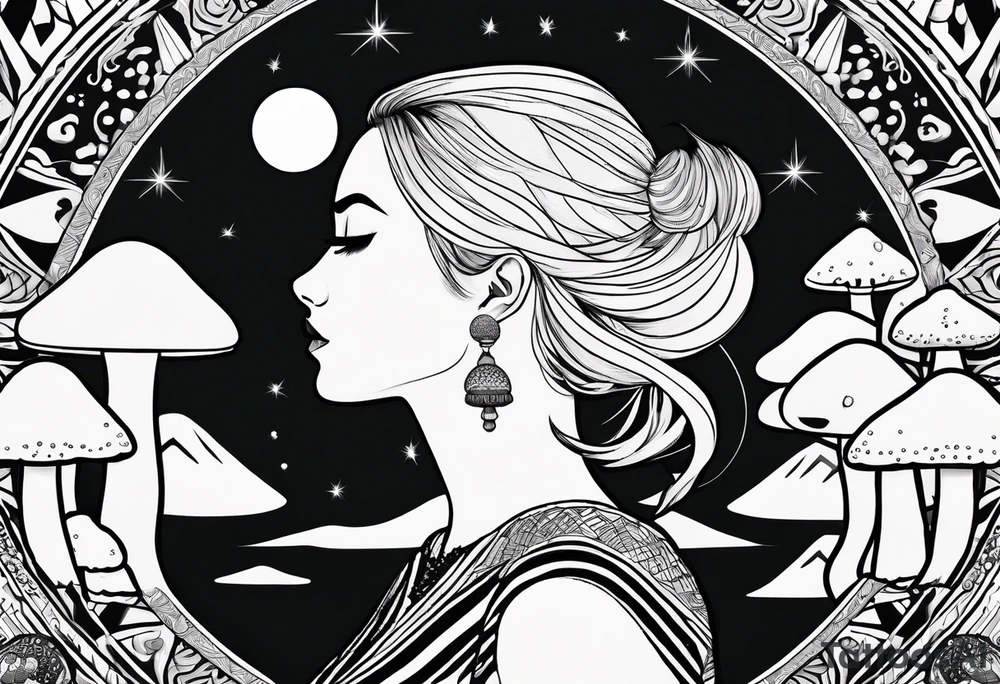 Straight blonde hair girl facing away toward mountains surrounded by mushrooms crescent moon mandala circular design black and white striped dress tattoo idea
