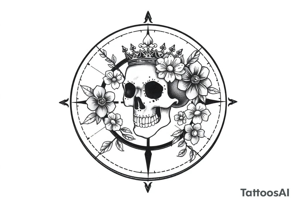 Compass with detailed beautiful gothic boho flowers on vine and skull with gorgeous crown tattoo idea