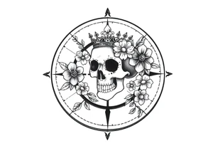 Compass with detailed beautiful gothic boho flowers on vine and skull with gorgeous crown tattoo idea