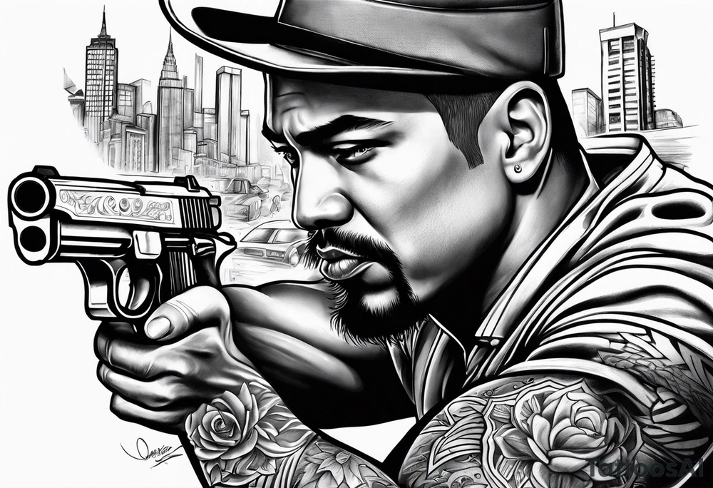 Chicano style 
city gangster guns shootout tattoo idea