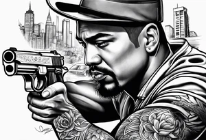 Chicano style 
city gangster guns shootout tattoo idea