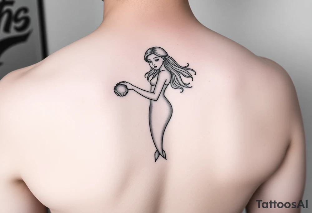 Mermaid tattoo full body soft face light grainy holding a shell in hand tattoo idea