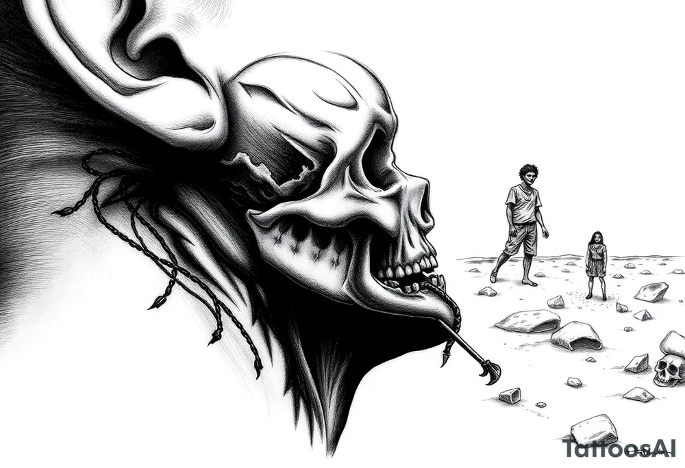Mexican zombie outbreak on  island of the dolls wile satan watches from a distance tattoo idea
