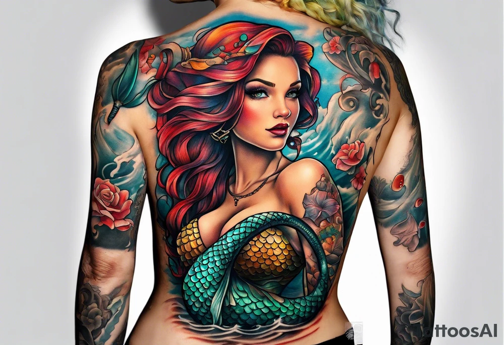 Tattooed mermaid beside shipwreck tattoo idea